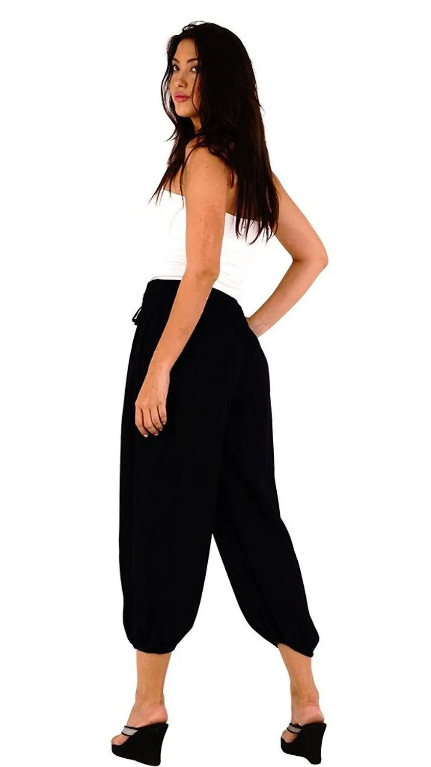 SHU-SHI Women's Boho Harem Capris Pants with Elastic Waist and Side Pockets