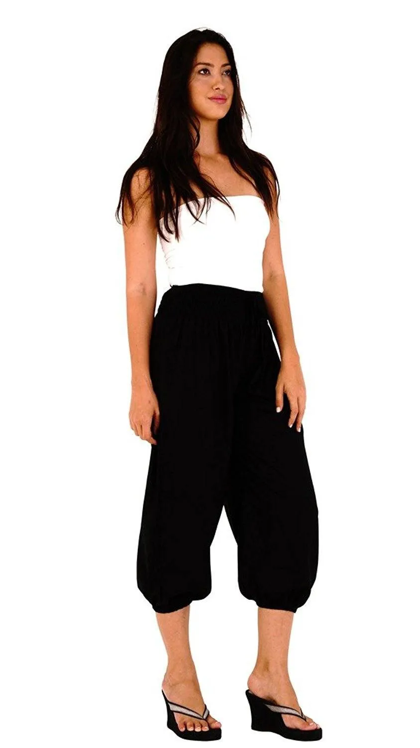 SHU-SHI Women's Boho Harem Capris Pants with Elastic Waist and Side Pockets