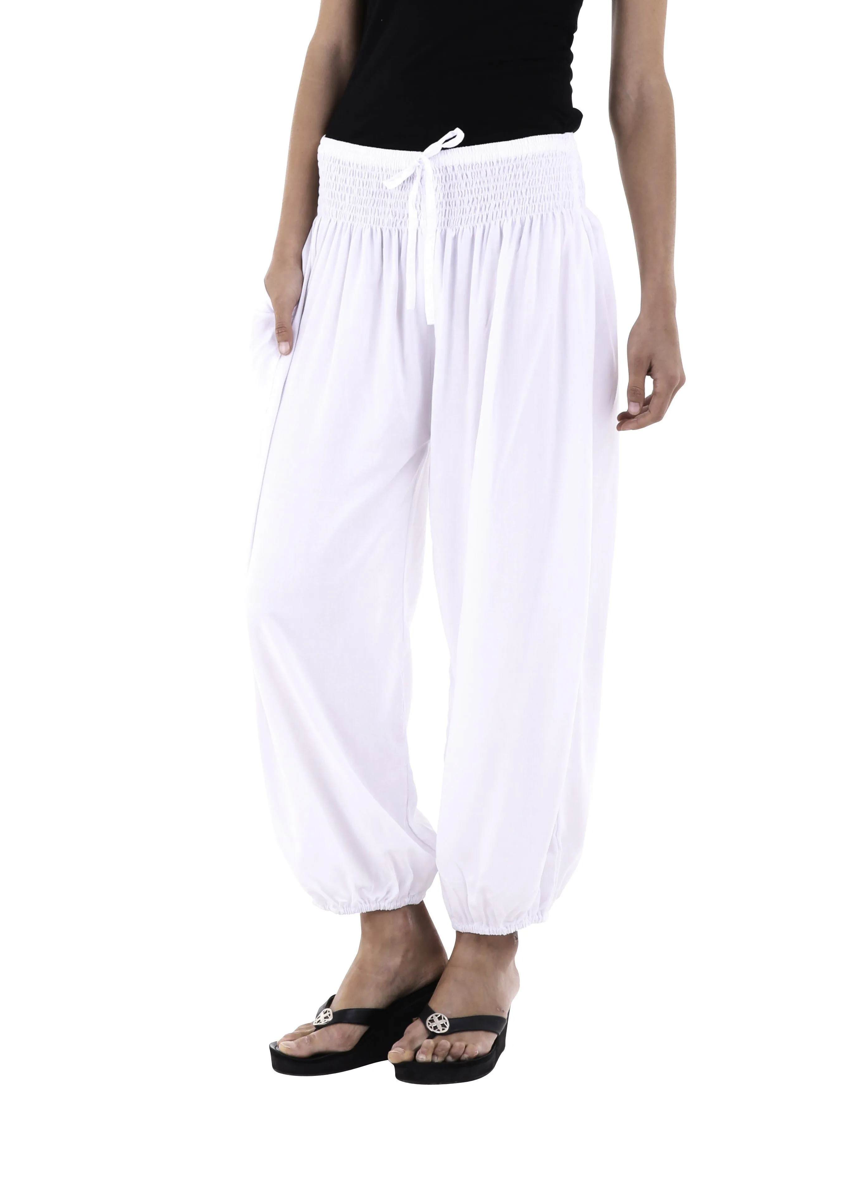 SHU-SHI Women's Boho Harem Capris Pants with Elastic Waist and Side Pockets