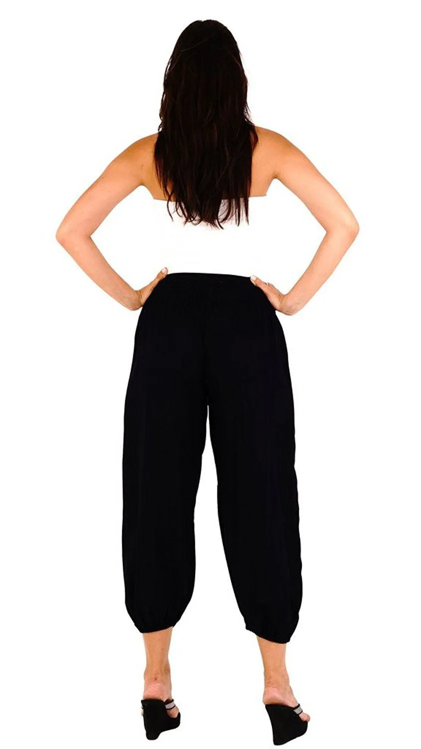 SHU-SHI Women's Boho Harem Capris Pants with Elastic Waist and Side Pockets