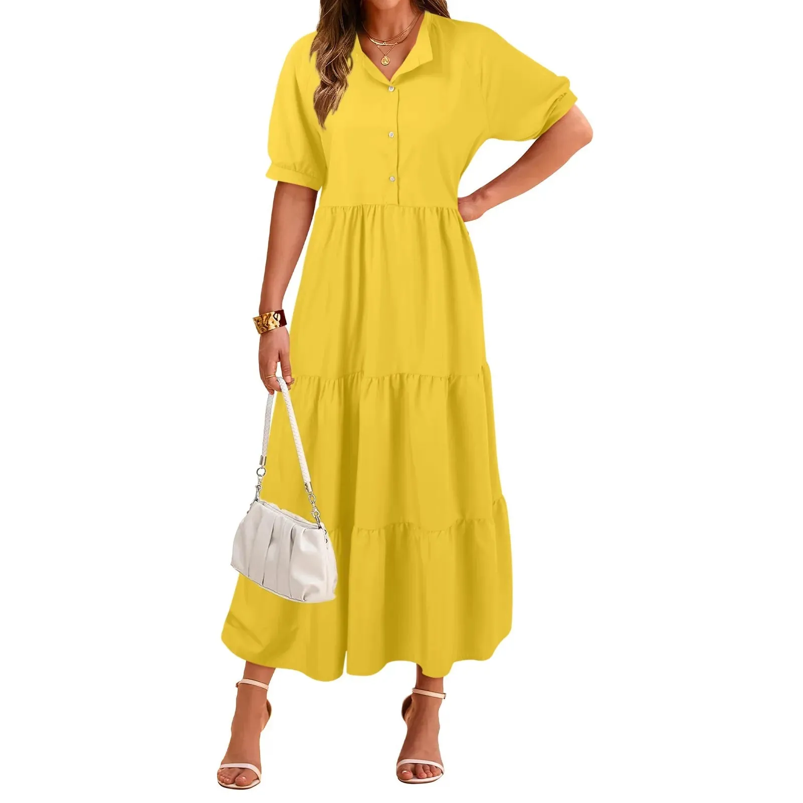 Summer Casual Short Sleeve Button Shirt Collar Ruffled Solid Color Long Robe Femme Party Dress