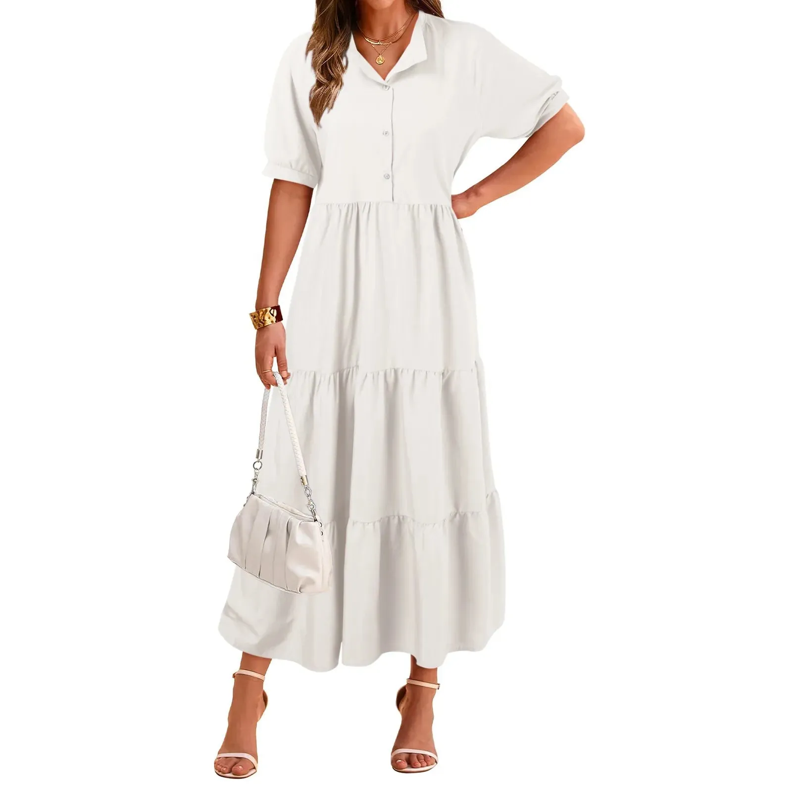 Summer Casual Short Sleeve Button Shirt Collar Ruffled Solid Color Long Robe Femme Party Dress