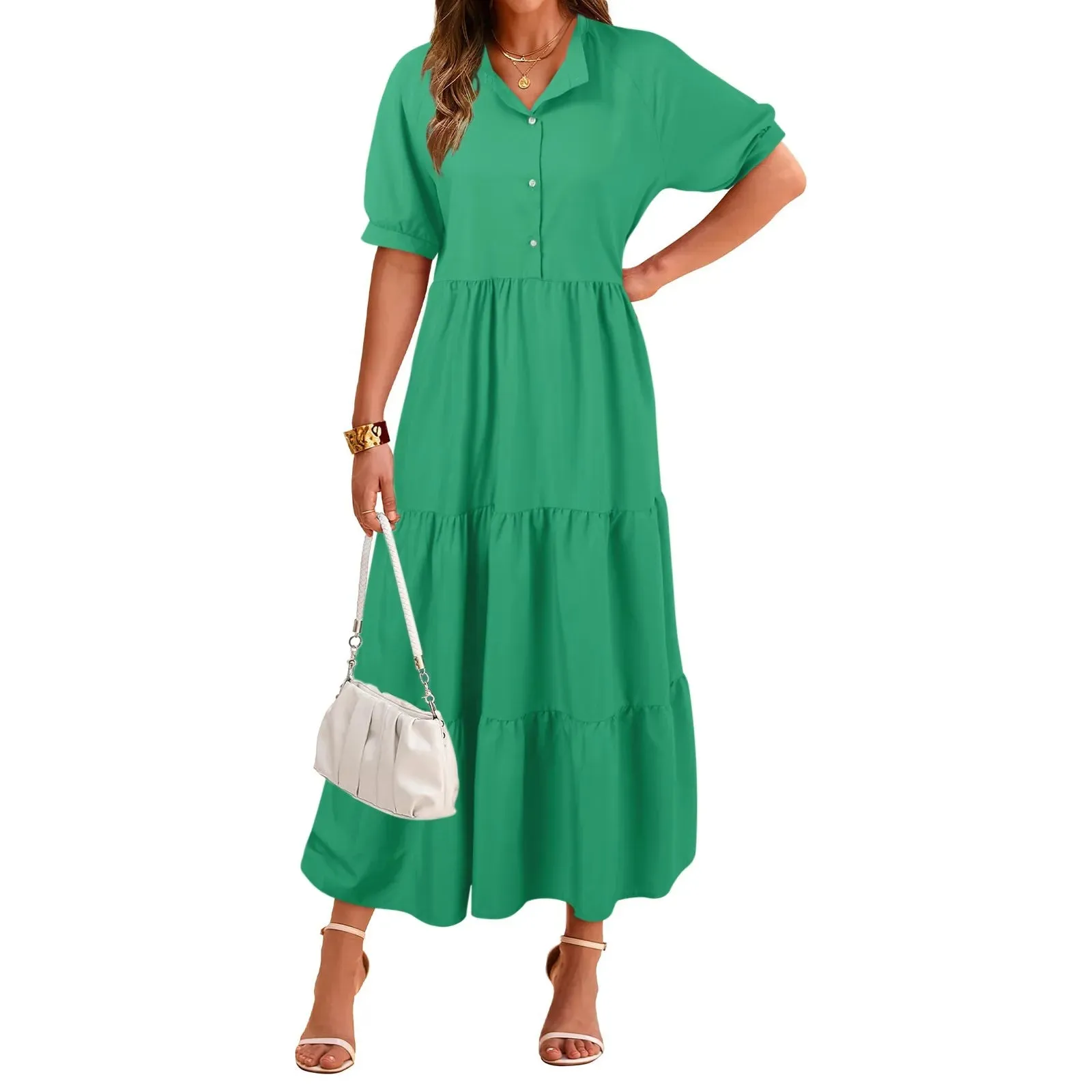 Summer Casual Short Sleeve Button Shirt Collar Ruffled Solid Color Long Robe Femme Party Dress