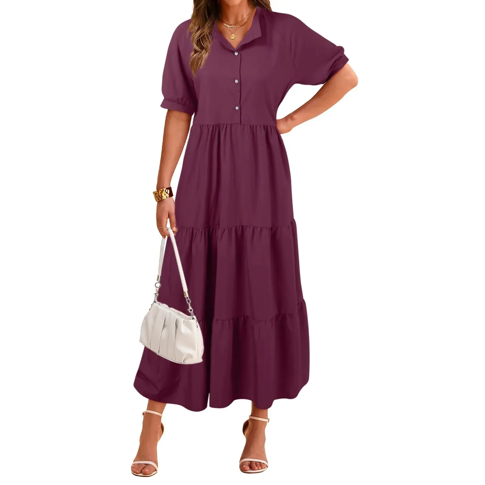 Summer Casual Short Sleeve Button Shirt Collar Ruffled Solid Color Long Robe Femme Party Dress