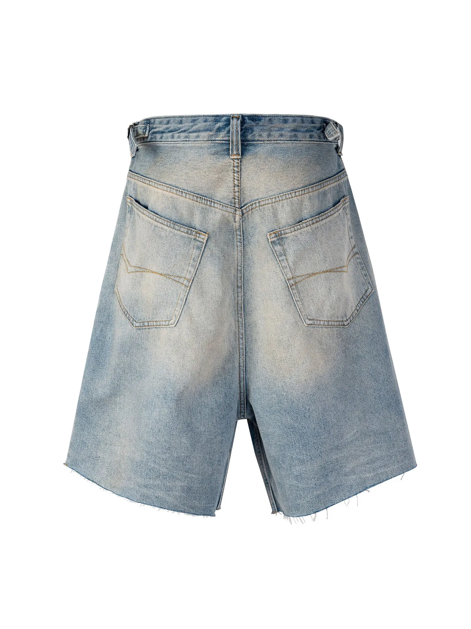 Thesupermade Retro Washed Distressed Raw Edge Denim Jort