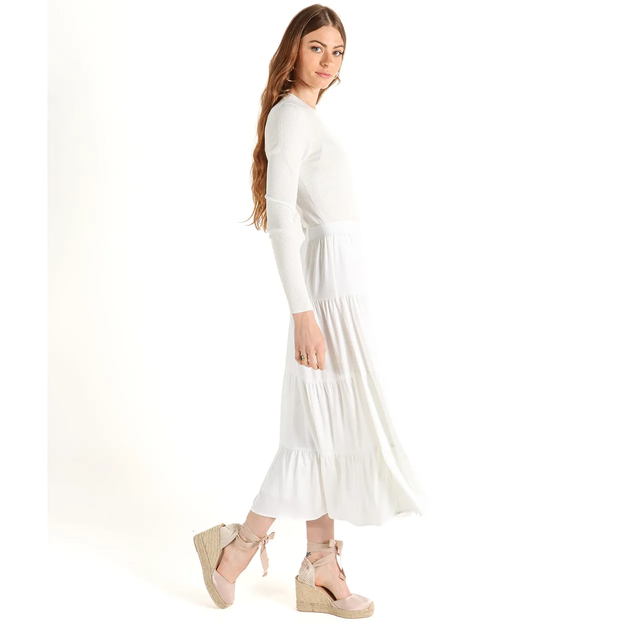 Women's Elasticated Tiered Midi Skirt